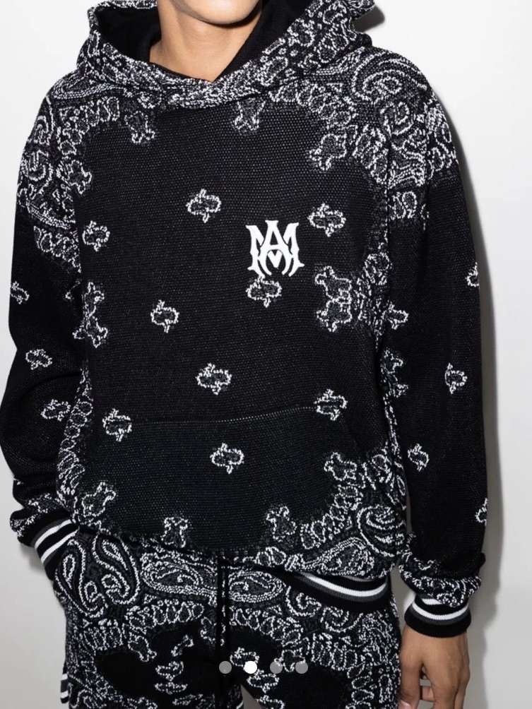 Amiri Men's Black Bandana B~Ball Jacquared Luxury Cotton Cashmere Hoodie Sz S